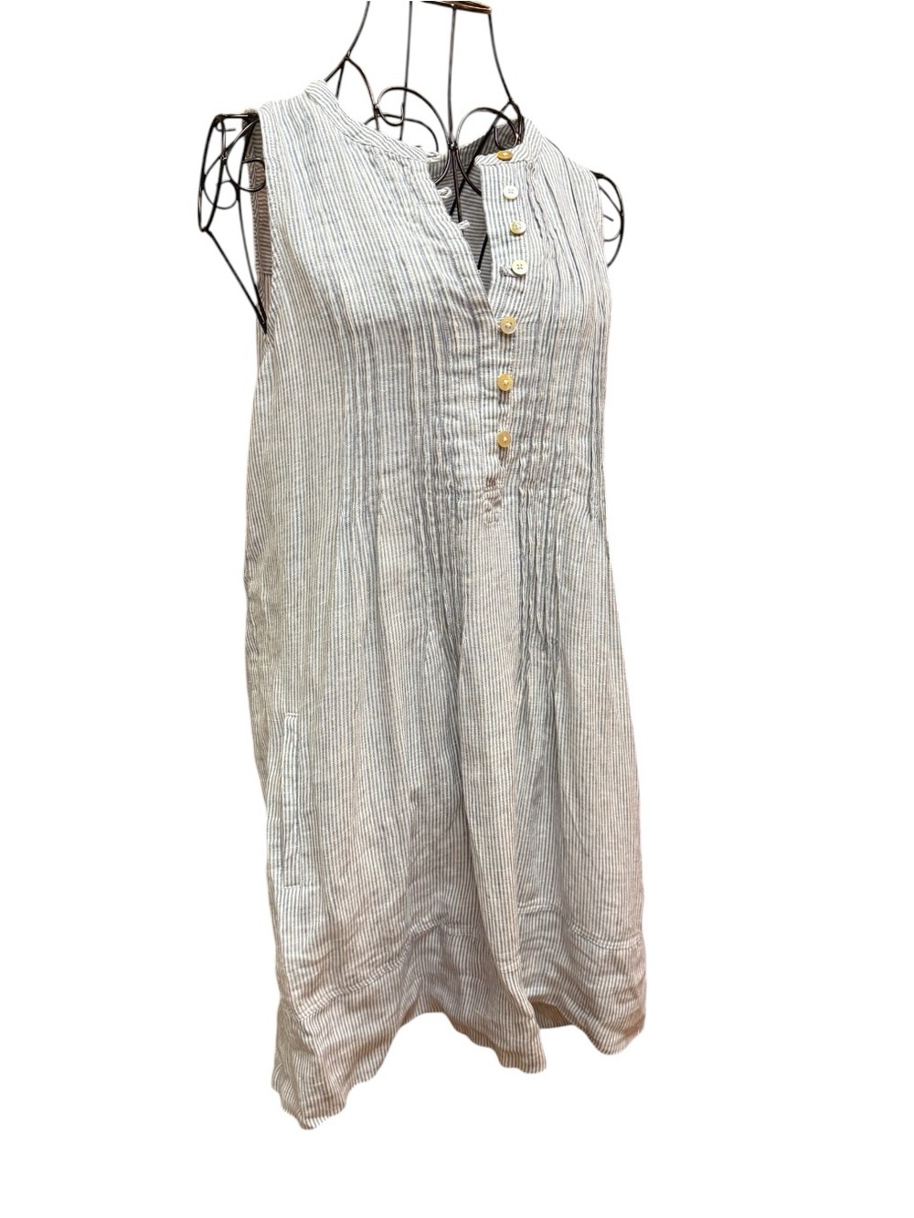 Quince Linen Sleeveless Striped Linen Tunic Dress - Blue Stripe - Picture 2 of 10
